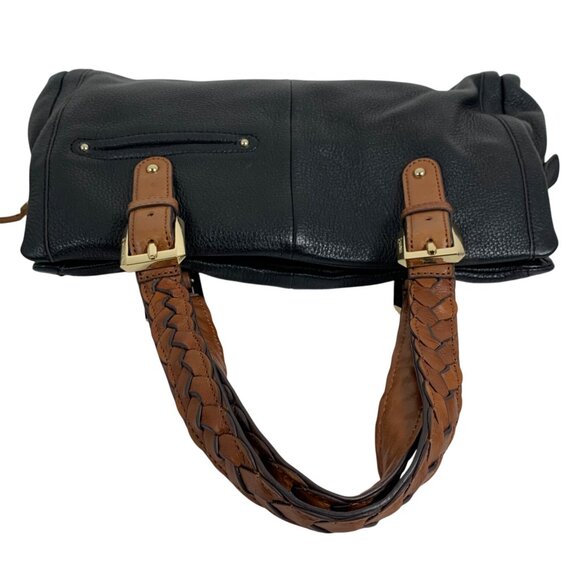 B Makowsky Leather Slouchy Hobo Shoulder Bag Braided Handles Black/Camel EUC - Picture 6 of 12